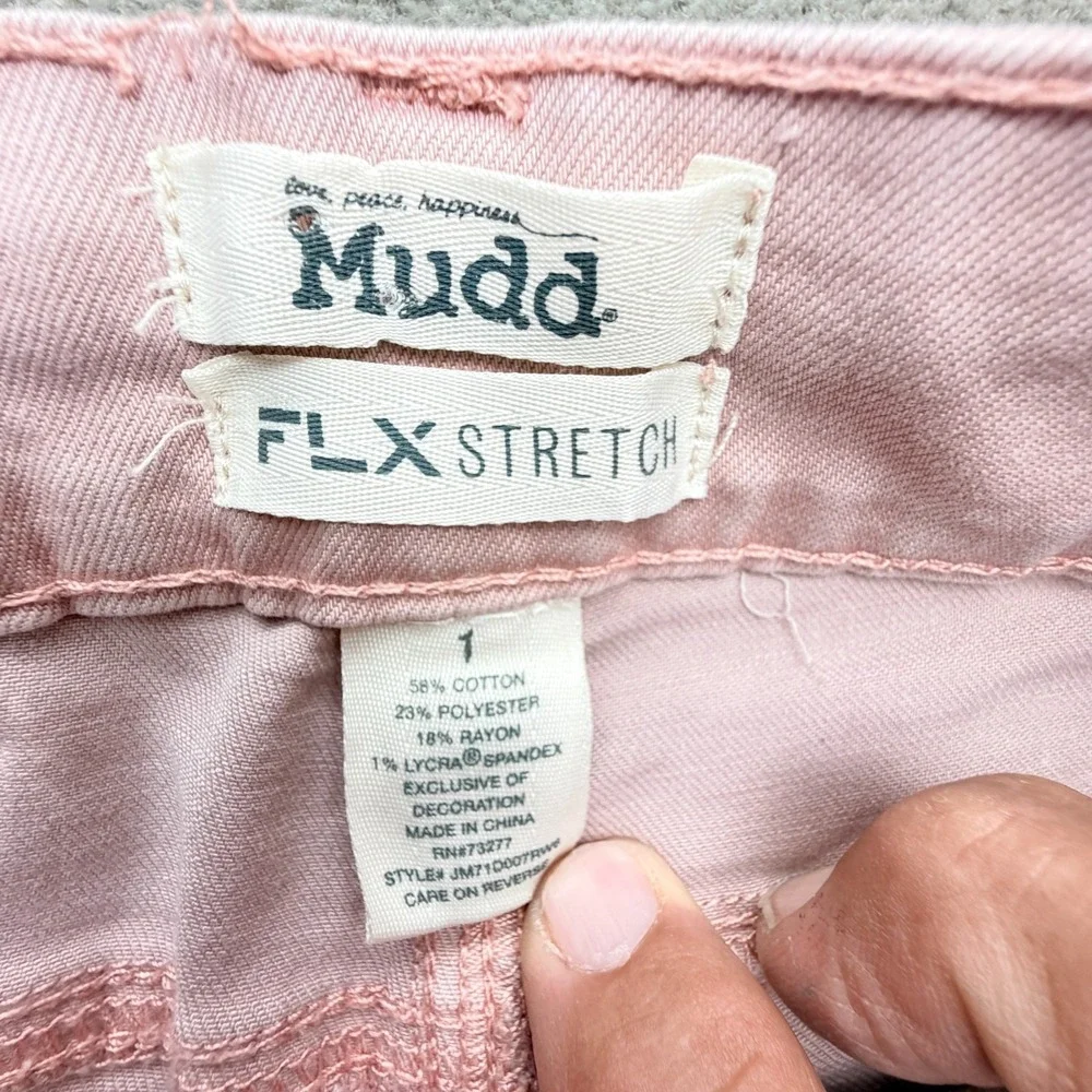 Mudd FLX Stretch Denim Womens Size 1 Jean Shorts Faded Pink Embellished Pockets